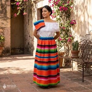 Traditional Mexican Sarape Dress Set, 3 Piece Outfit with Blouse, Skirt & Rebozo